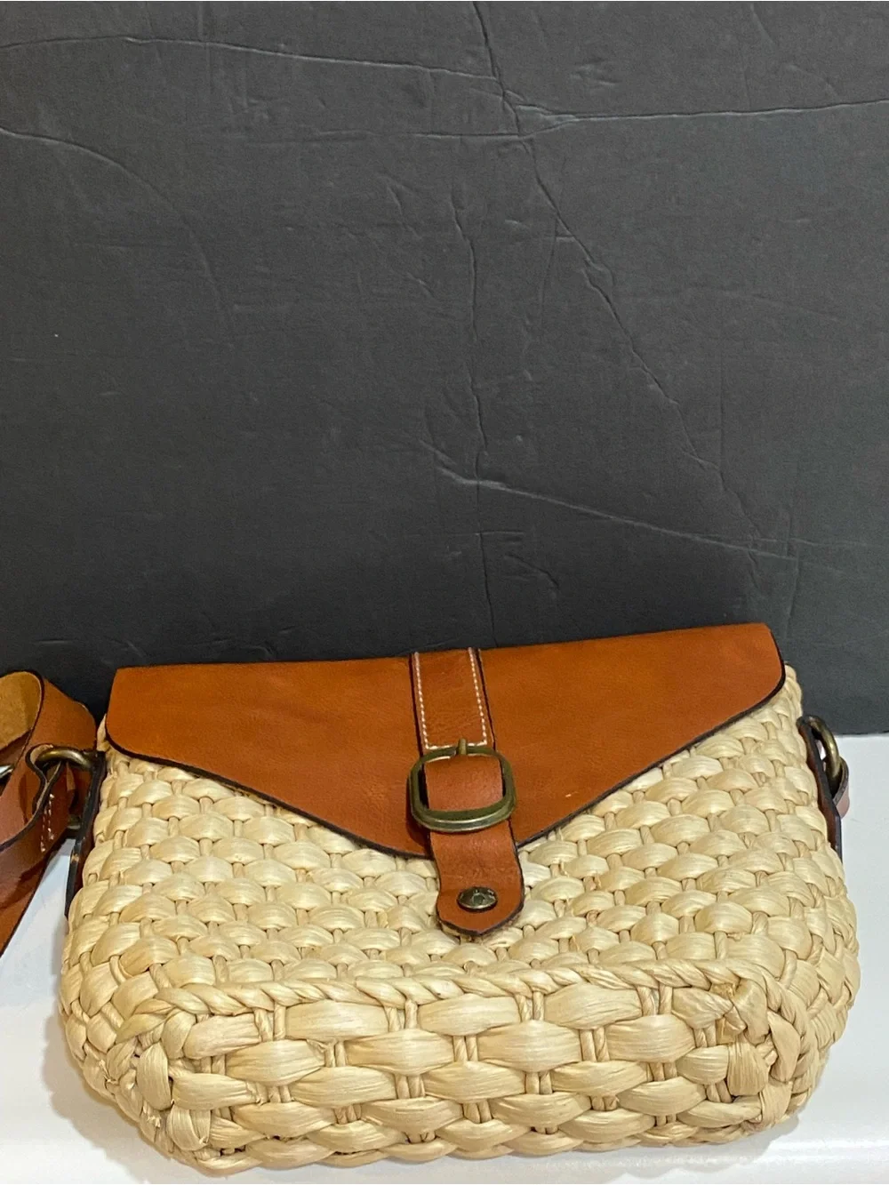 Patricia Nash Woven Straw Leather Flap Crossbody Bag Cognac Tan Buckle